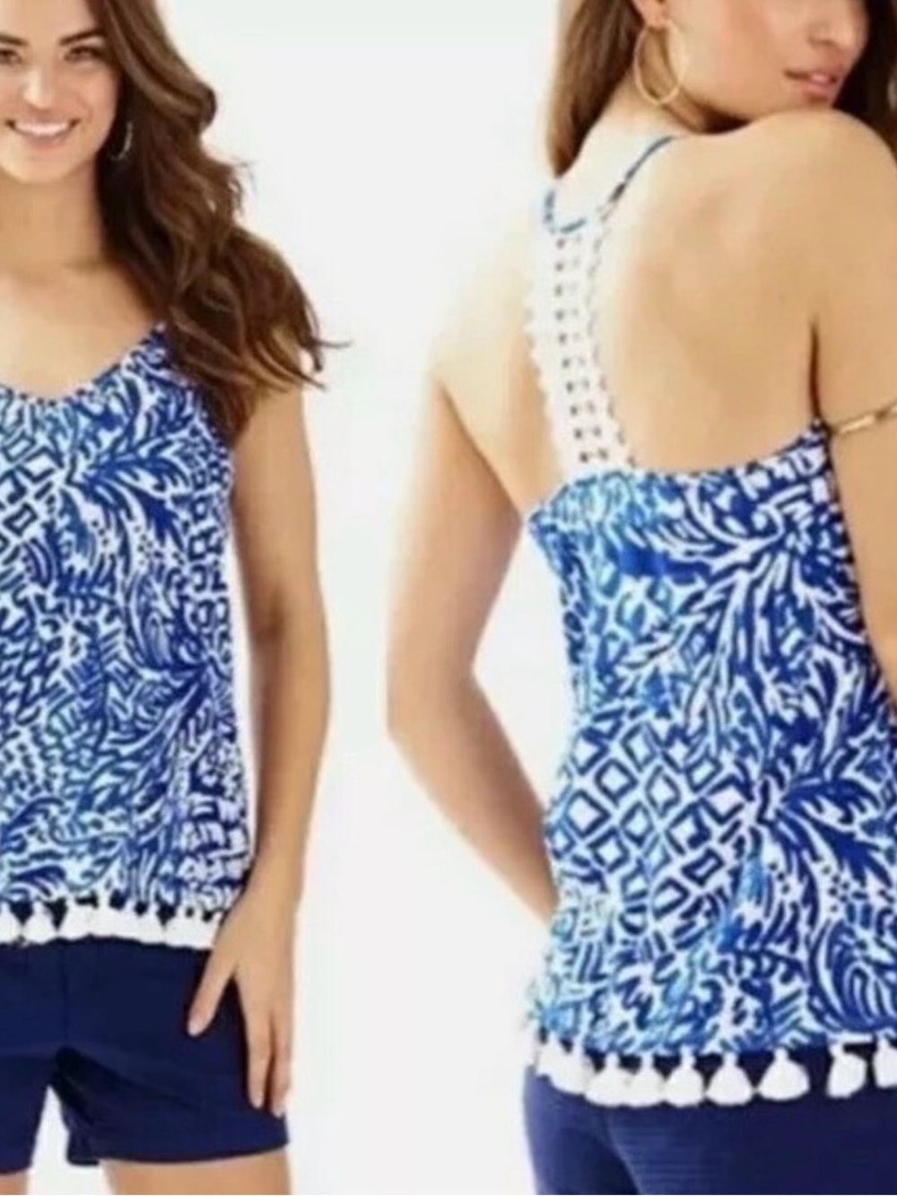 Lilly Pulitzer Nya Indigo Blue & White Tropical Print Tank Top w/ Tassel Trim.